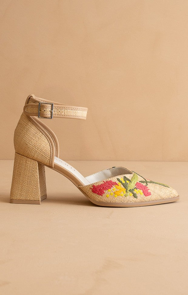 Monet Embroidered Raffia Block Heel