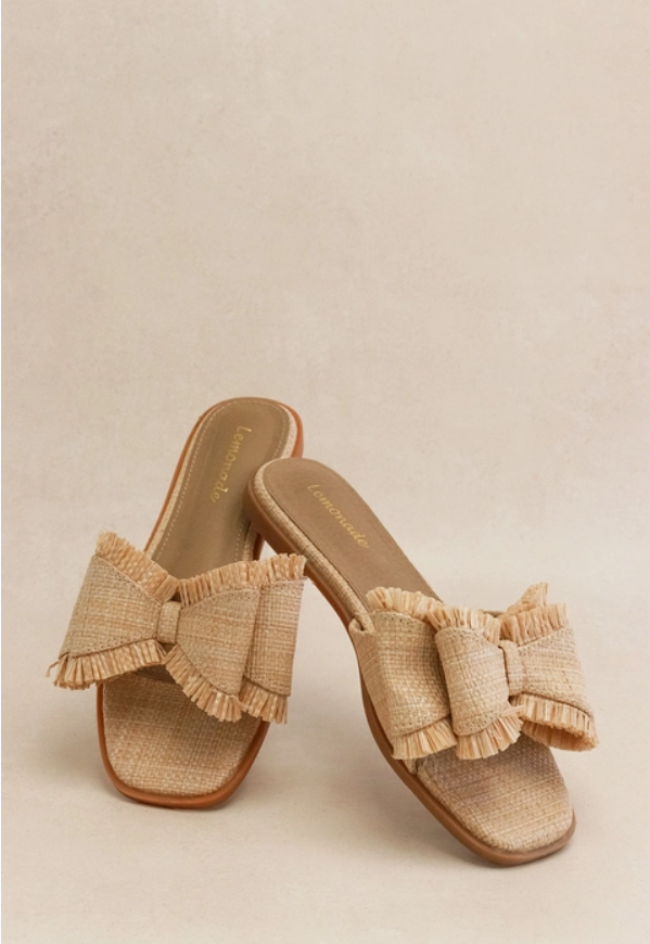 Resort Stay - Raffia Bow Sandals, Beach Slide, Summer Flat