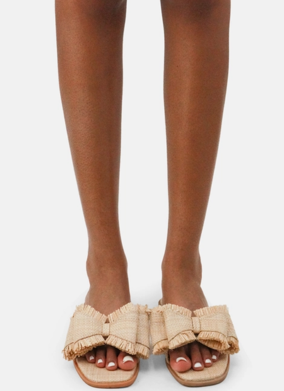 Resort Stay - Raffia Bow Sandals, Beach Slide, Summer Flat