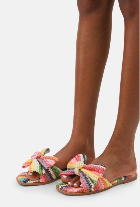 Resort Stay - Raffia Bow Sandals, Beach Slide, Summer Flat
