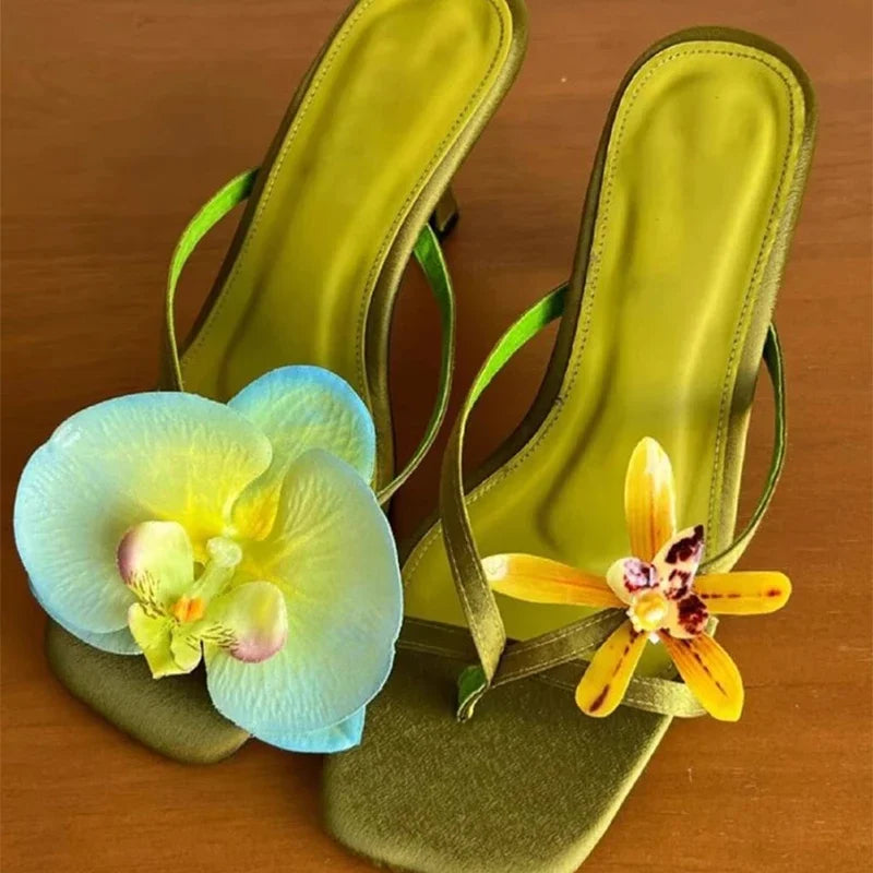 Hawaii Flower Heels – Asymmetrical Silk Clip‑Toe Sandals for Women | Summer Vacation Shoes