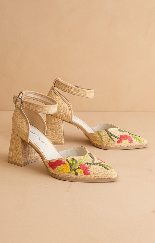Monet Embroidered Raffia Block Heel