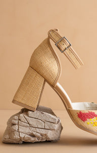 Monet Embroidered Raffia Block Heel