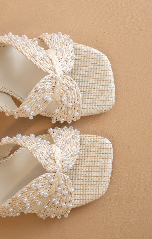 Tiara Pearl Embroidered Raffia Block Heel