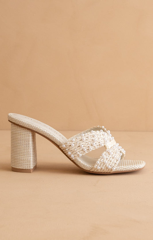 Tiara Pearl Embroidered Raffia Block Heel