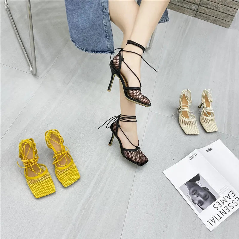 Mesh Pumps Sandals – Square‑Toe Lace‑Up Stiletto High Heels for Women Hollow Dress Shoes