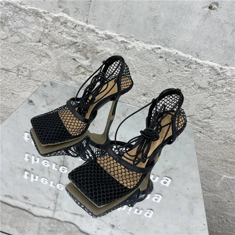 Mesh Pumps Sandals – Square‑Toe Lace‑Up Stiletto High Heels for Women Hollow Dress Shoes