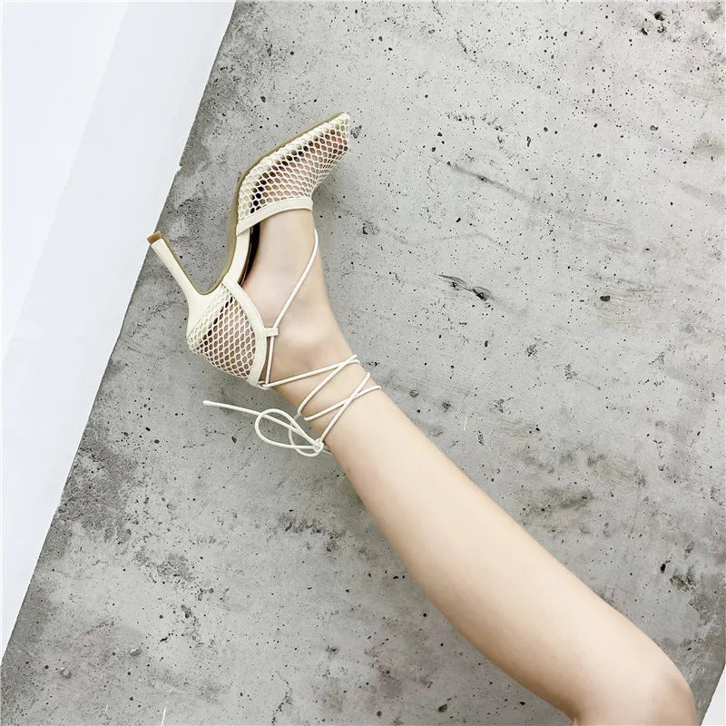 Mesh Pumps Sandals – Square‑Toe Lace‑Up Stiletto High Heels for Women Hollow Dress Shoes