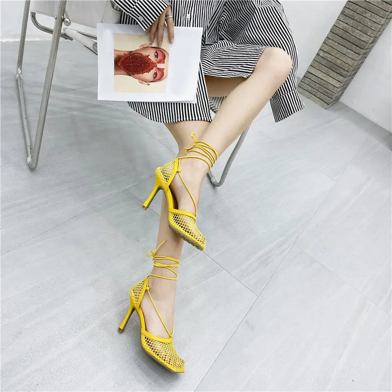 Mesh Pumps Sandals – Square‑Toe Lace‑Up Stiletto High Heels for Women Hollow Dress Shoes