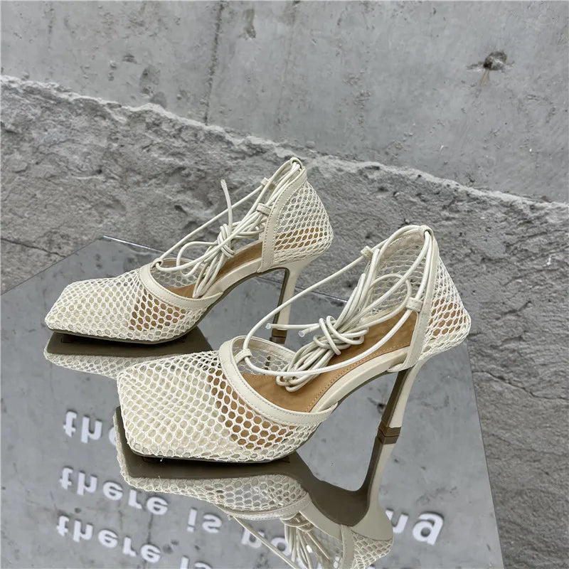 Mesh Pumps Sandals – Square‑Toe Lace‑Up Stiletto High Heels for Women Hollow Dress Shoes