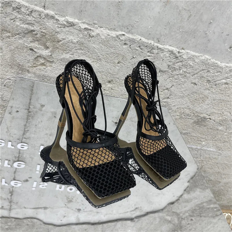 Mesh Pumps Sandals – Square‑Toe Lace‑Up Stiletto High Heels for Women Hollow Dress Shoes