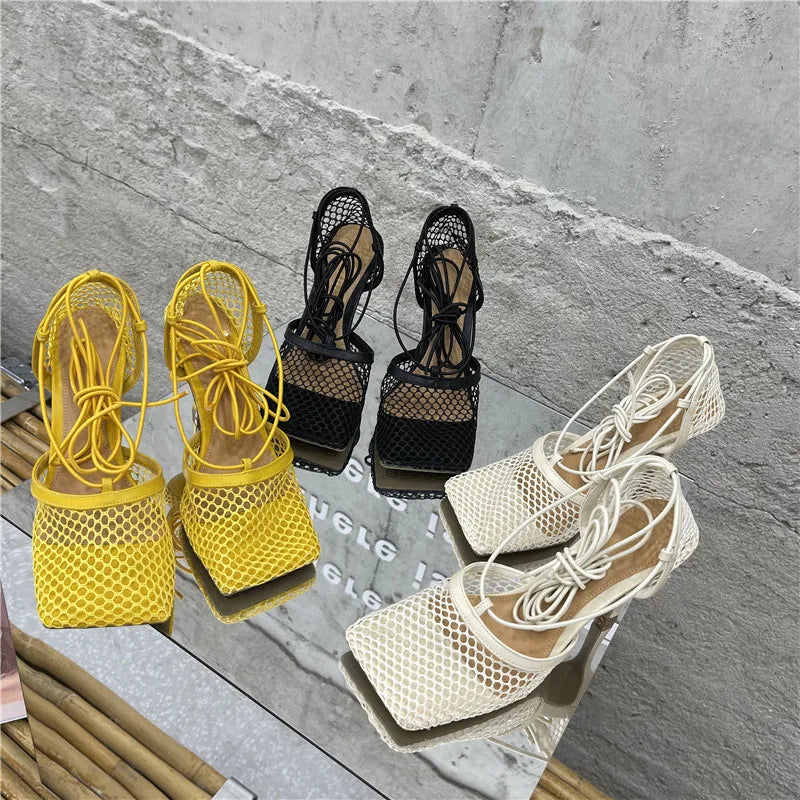 Mesh Pumps Sandals – Square‑Toe Lace‑Up Stiletto High Heels for Women Hollow Dress Shoes