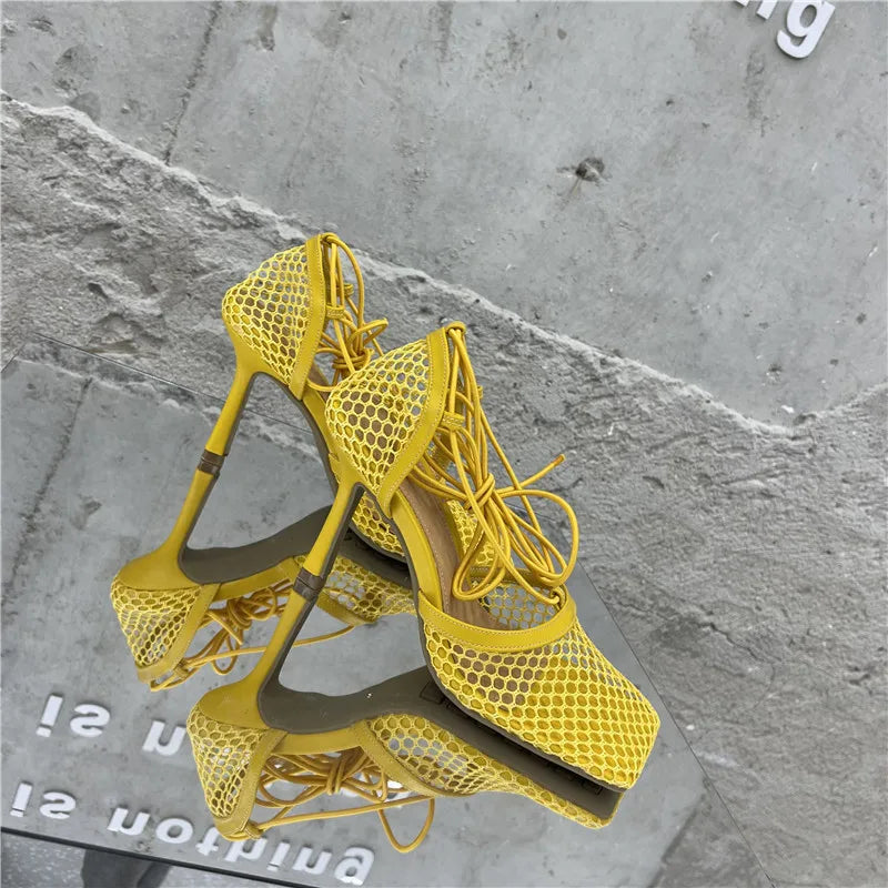 Mesh Pumps Sandals – Square‑Toe Lace‑Up Stiletto High Heels for Women Hollow Dress Shoes