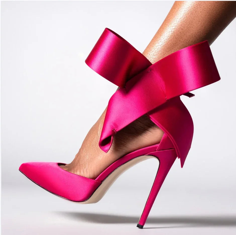 Women's Spotted Mesh Pumps with Big Bow, Pointed Toe Stiletto High Heels, Buckle Strap Dress Shoes for Party, Wedding & Banquet