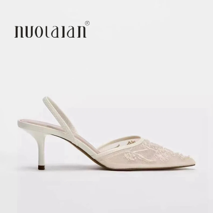 Designer White Mesh Flower Slingback Pumps – Embroidered High‑Heel Wedding & Dress Shoes for Women