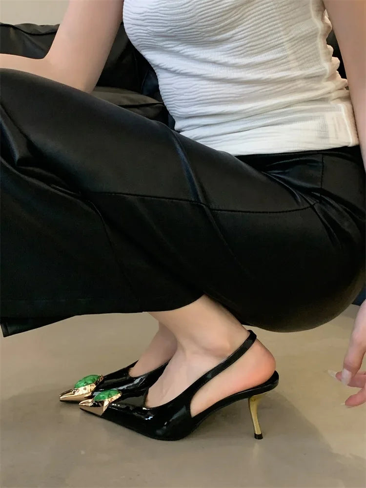 Women's Elegant Square-Toe Rhinestone Low-Heel Slingback Pumps, Sexy Metal Detail Dress Shoes for Weddings, Parties