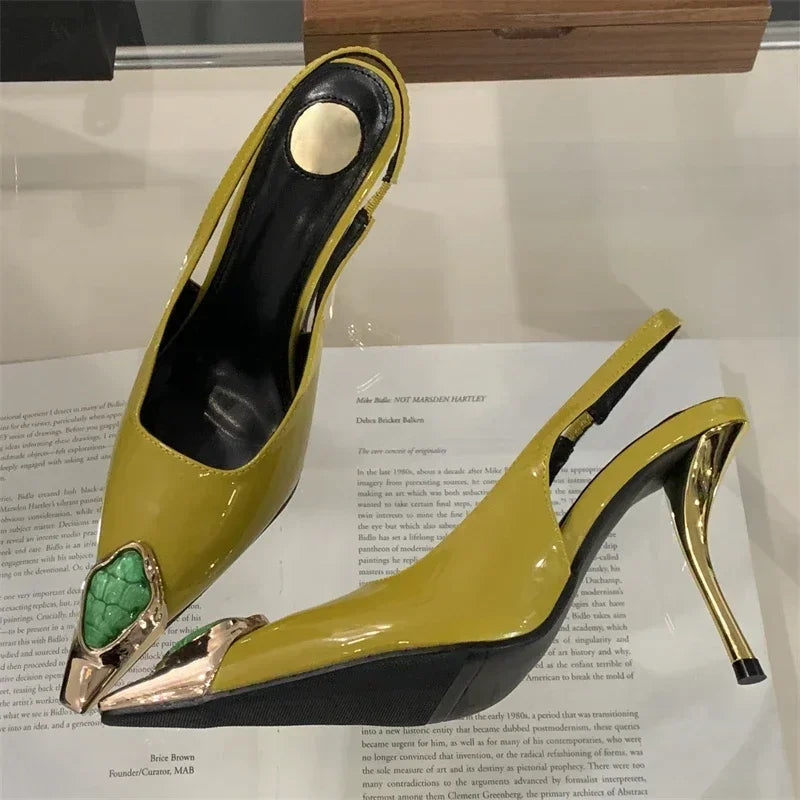 Women's Elegant Square-Toe Rhinestone Low-Heel Slingback Pumps, Sexy Metal Detail Dress Shoes for Weddings, Parties