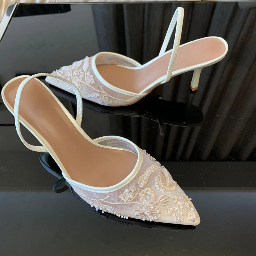 Designer White Mesh Flower Slingback Pumps – Embroidered High‑Heel Wedding & Dress Shoes for Women