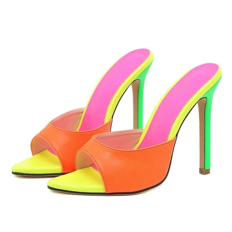 Orange Pointed‑Toe Mules – High‑Heel Summer Sandals for Women, Party Slippers Shoes