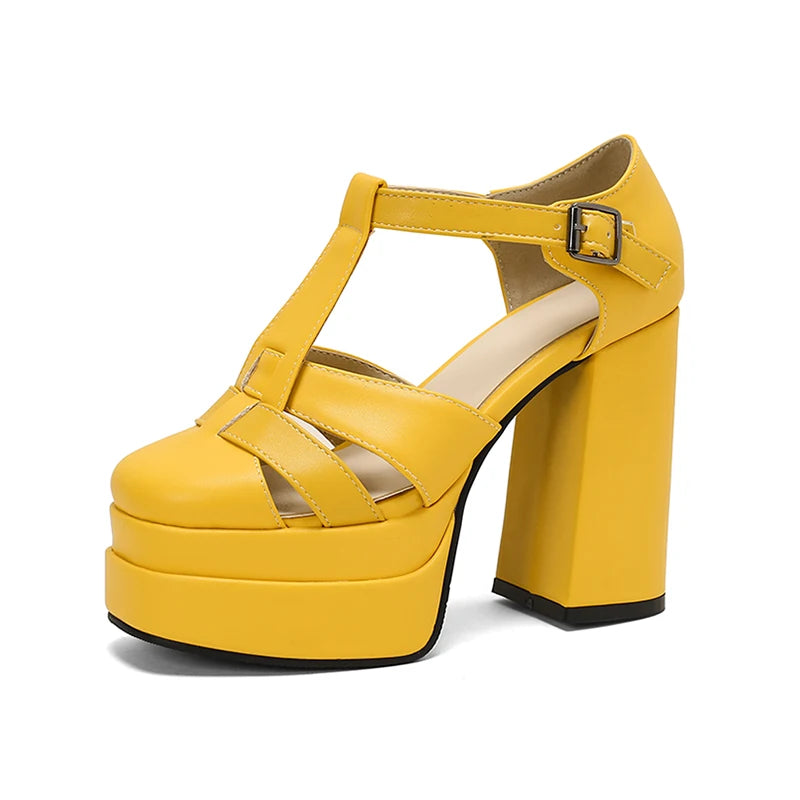 Plus‑Size Women Platform T‑Strap Sandals – Super High Thick Heel Fashion Sandals with Side Cutouts