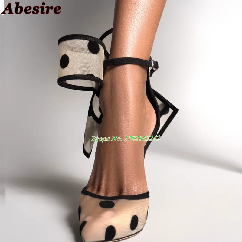 Women's Spotted Mesh Pumps with Big Bow, Pointed Toe Stiletto High Heels, Buckle Strap Dress Shoes for Party, Wedding & Banquet