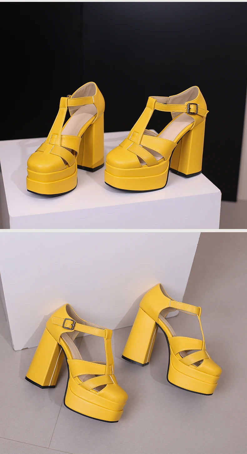 Plus‑Size Women Platform T‑Strap Sandals – Super High Thick Heel Fashion Sandals with Side Cutouts