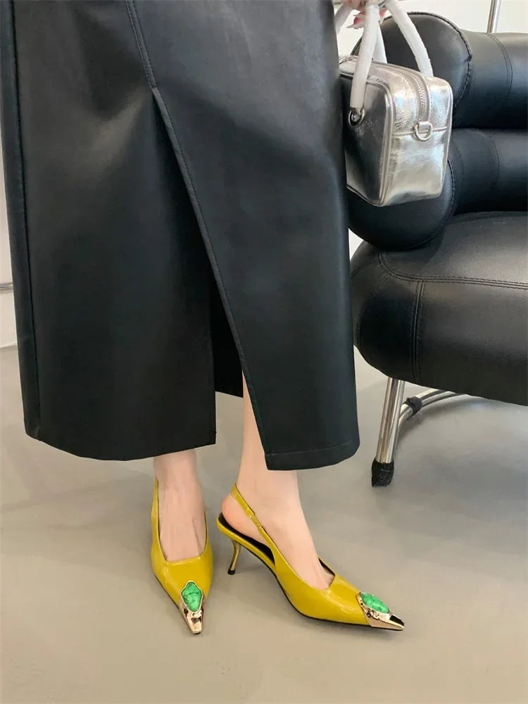 Women's Elegant Square-Toe Rhinestone Low-Heel Slingback Pumps, Sexy Metal Detail Dress Shoes for Weddings, Parties