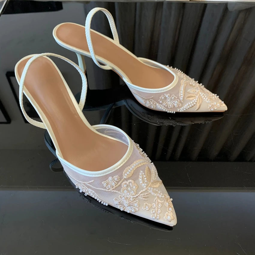 Designer White Mesh Flower Slingback Pumps – Embroidered High‑Heel Wedding & Dress Shoes for Women