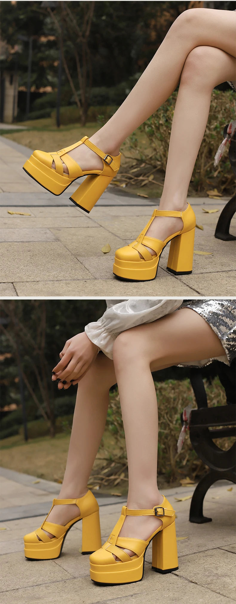 Plus‑Size Women Platform T‑Strap Sandals – Super High Thick Heel Fashion Sandals with Side Cutouts