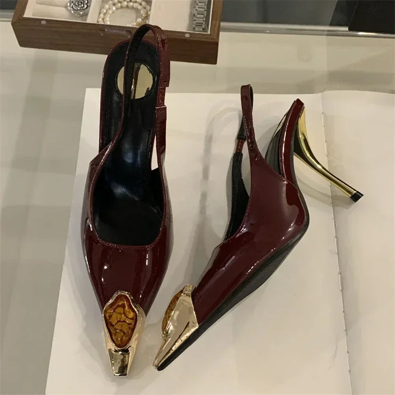 Women's Elegant Square-Toe Rhinestone Low-Heel Slingback Pumps, Sexy Metal Detail Dress Shoes for Weddings, Parties