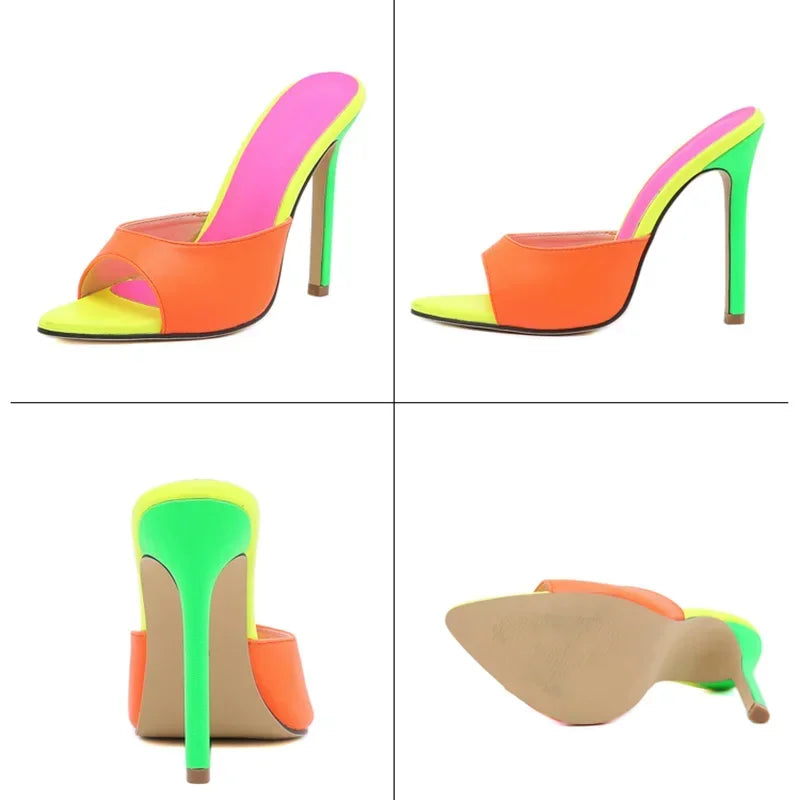 Orange Pointed‑Toe Mules – High‑Heel Summer Sandals for Women, Party Slippers Shoes