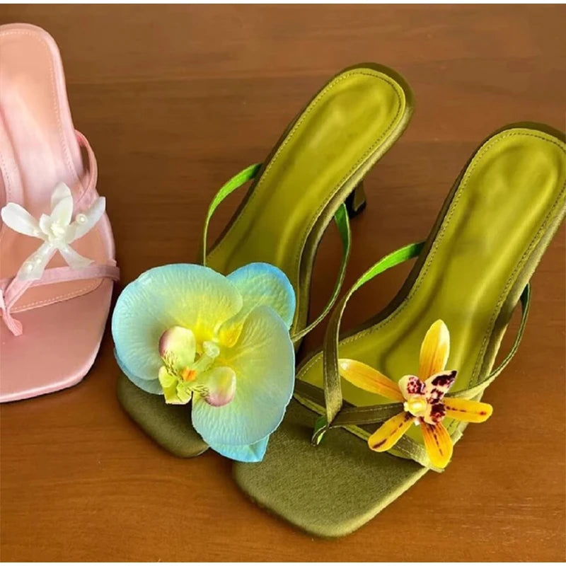 Hawaii Flower Heels – Asymmetrical Silk Clip‑Toe Sandals for Women | Summer Vacation Shoes