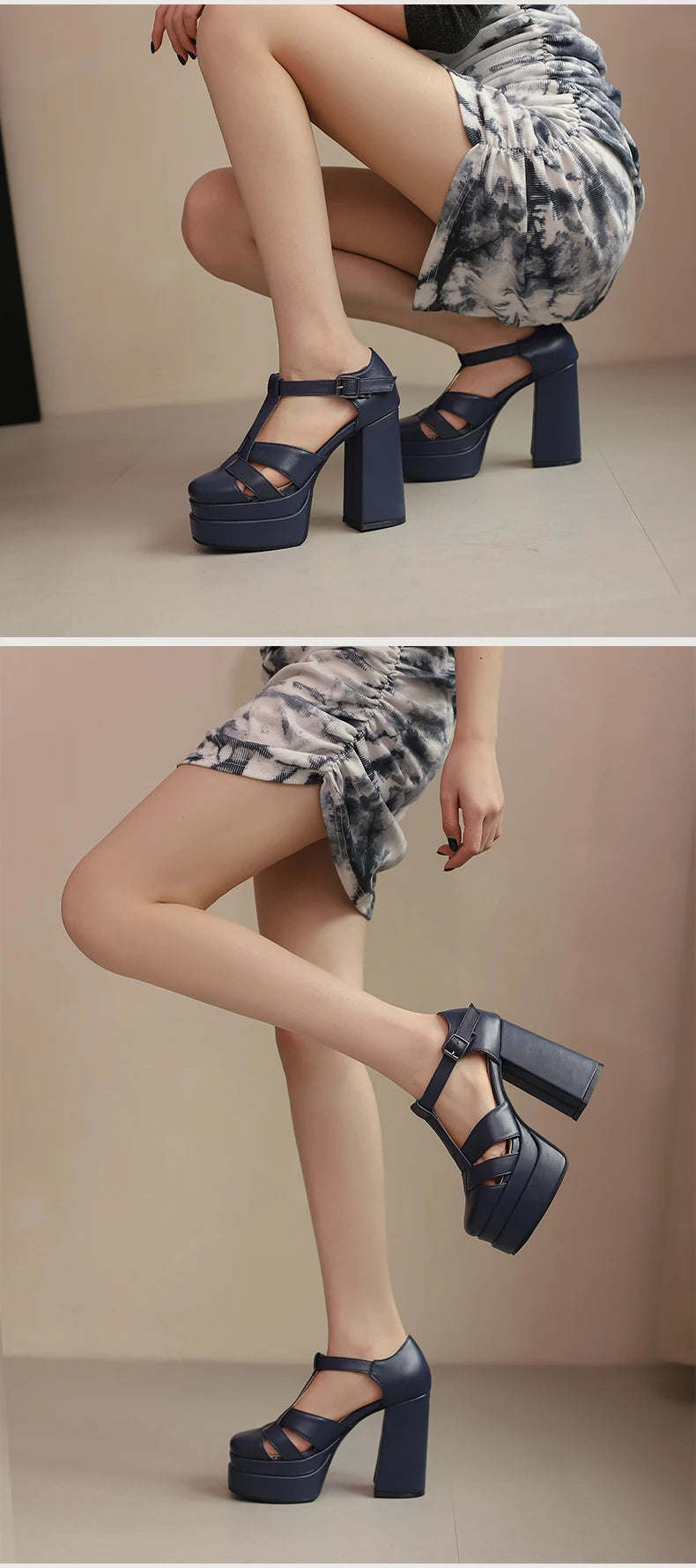 Plus‑Size Women Platform T‑Strap Sandals – Super High Thick Heel Fashion Sandals with Side Cutouts