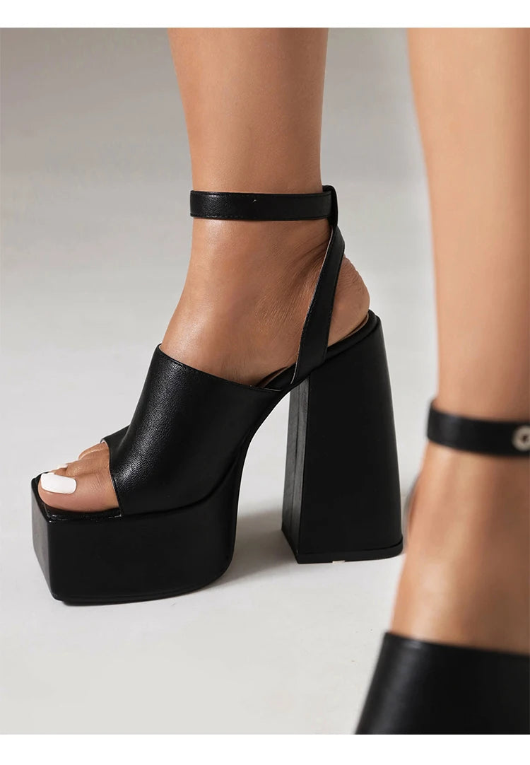 Cross‑Tie Peep‑Toe Platform Sandals – Super High Thick Heel with Circular Metal Buckle Ankle Strap Fashion Shoes