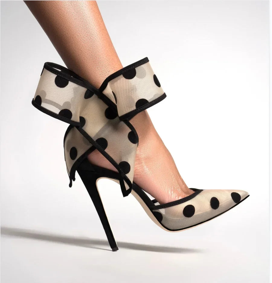 Women's Spotted Mesh Pumps with Big Bow, Pointed Toe Stiletto High Heels, Buckle Strap Dress Shoes for Party, Wedding & Banquet