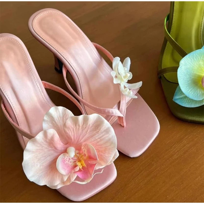 Hawaii Flower Heels – Asymmetrical Silk Clip‑Toe Sandals for Women | Summer Vacation Shoes