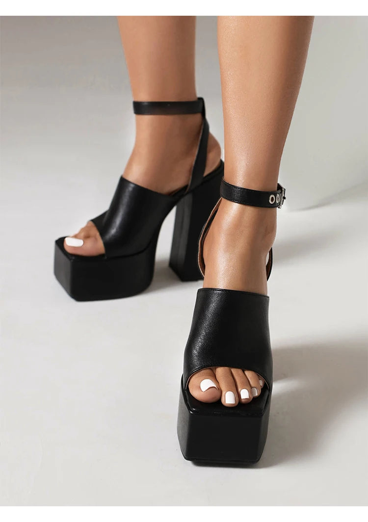 Cross‑Tie Peep‑Toe Platform Sandals – Super High Thick Heel with Circular Metal Buckle Ankle Strap Fashion Shoes