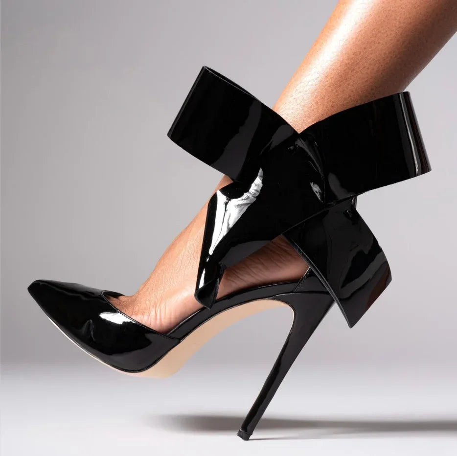 Women's Spotted Mesh Pumps with Big Bow, Pointed Toe Stiletto High Heels, Buckle Strap Dress Shoes for Party, Wedding & Banquet