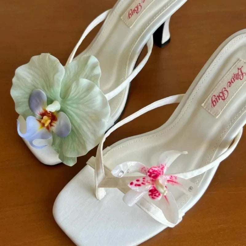 Hawaii Flower Heels – Asymmetrical Silk Clip‑Toe Sandals for Women | Summer Vacation Shoes