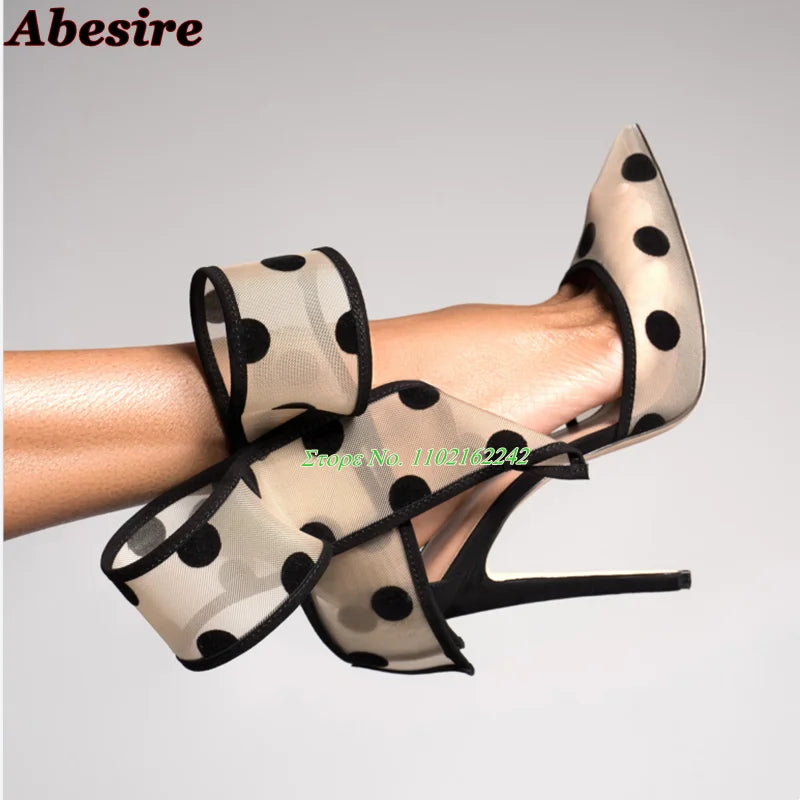 Women's Spotted Mesh Pumps with Big Bow, Pointed Toe Stiletto High Heels, Buckle Strap Dress Shoes for Party, Wedding & Banquet