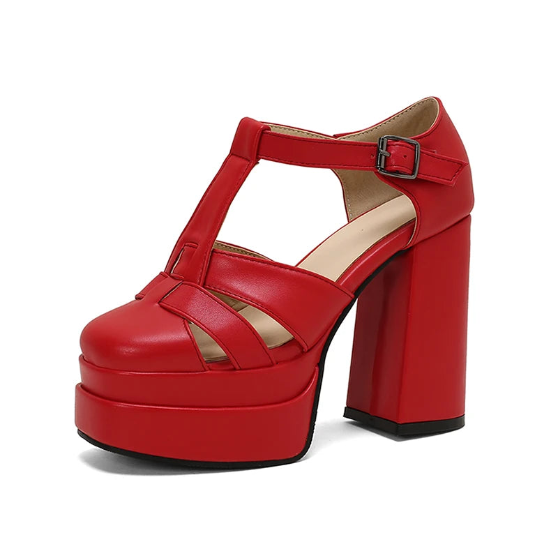Plus‑Size Women Platform T‑Strap Sandals – Super High Thick Heel Fashion Sandals with Side Cutouts