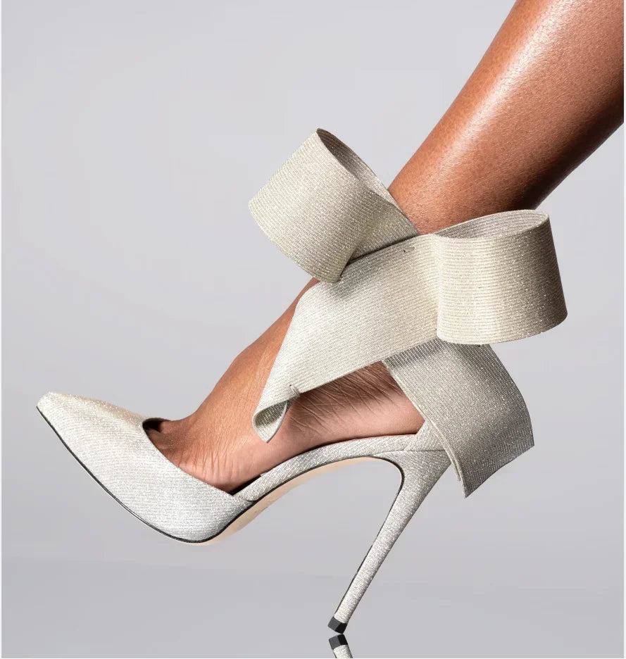 Women's Spotted Mesh Pumps with Big Bow, Pointed Toe Stiletto High Heels, Buckle Strap Dress Shoes for Party, Wedding & Banquet