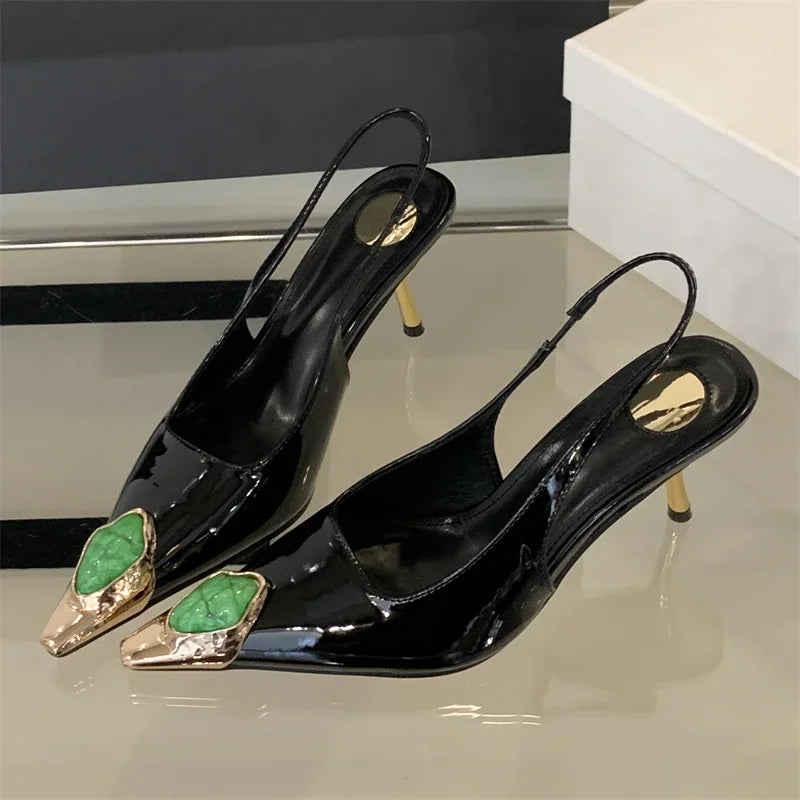 Women's Elegant Square-Toe Rhinestone Low-Heel Slingback Pumps, Sexy Metal Detail Dress Shoes for Weddings, Parties