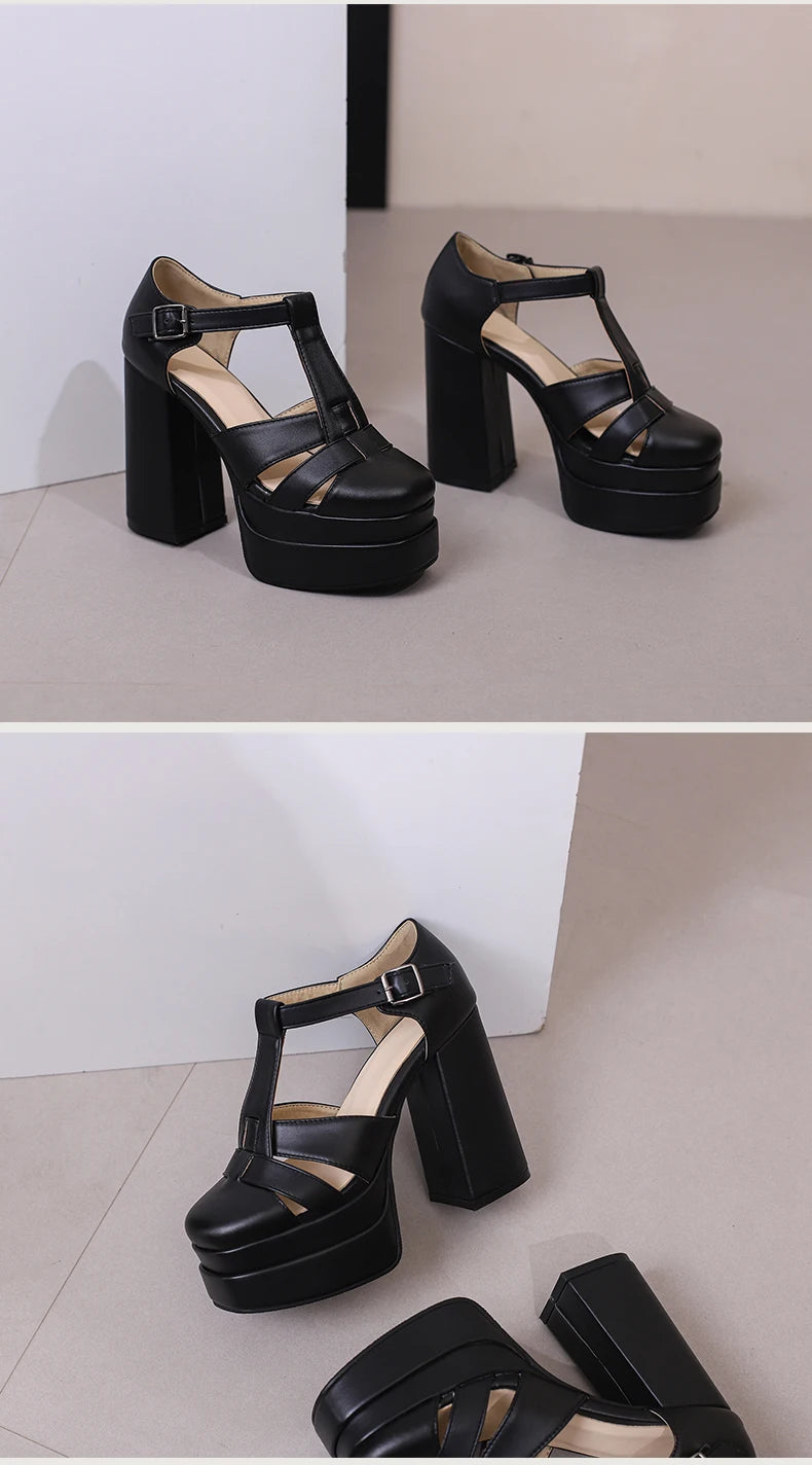 Plus‑Size Women Platform T‑Strap Sandals – Super High Thick Heel Fashion Sandals with Side Cutouts