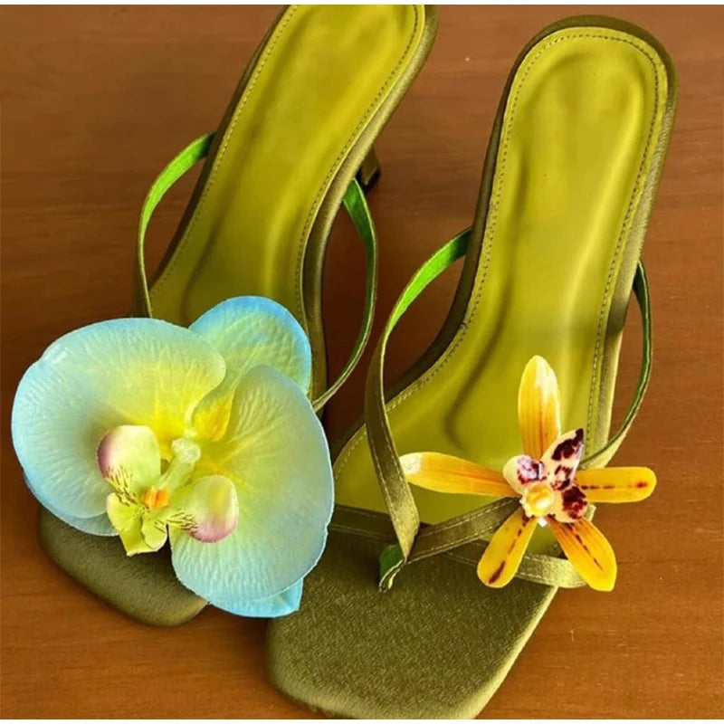 Hawaii Flower Heels – Asymmetrical Silk Clip‑Toe Sandals for Women | Summer Vacation Shoes