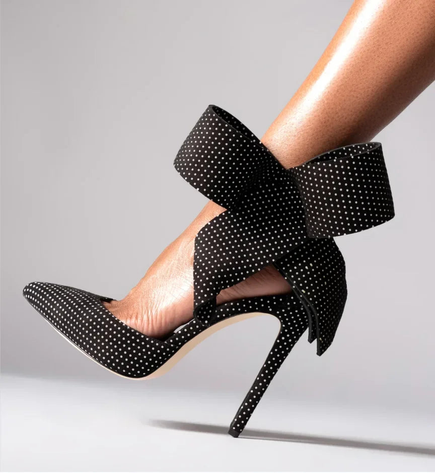 Women's Spotted Mesh Pumps with Big Bow, Pointed Toe Stiletto High Heels, Buckle Strap Dress Shoes for Party, Wedding & Banquet
