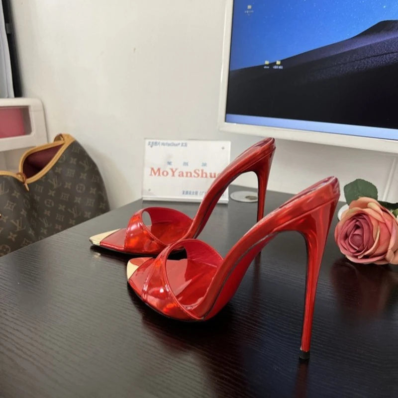 Women's Open Toe High Heel Sandals, Summer Stiletto Party Patent Leather Slippers