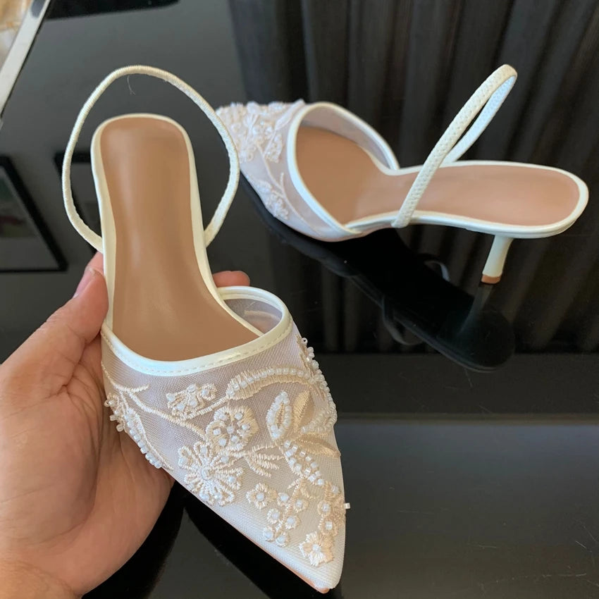 Designer White Mesh Flower Slingback Pumps – Embroidered High‑Heel Wedding & Dress Shoes for Women
