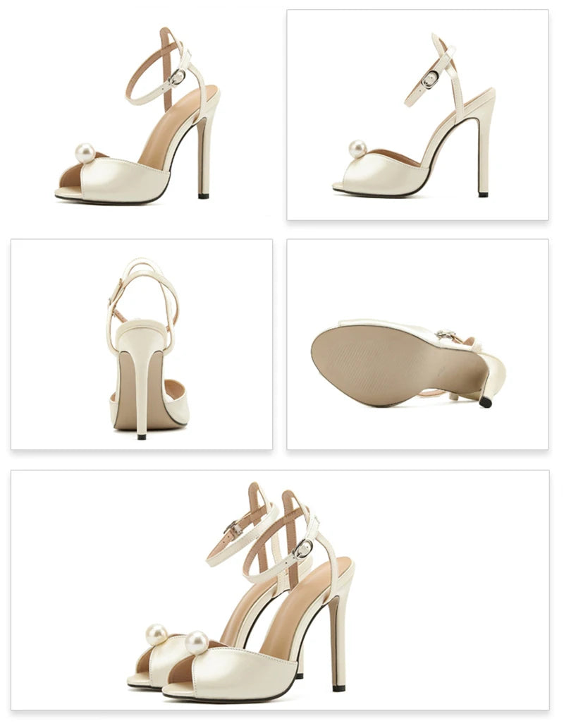 Lelia Silk Peep‑Toe Gladiator Sandals – Thin Heels with Pearl Ankle Strap Designer Style
