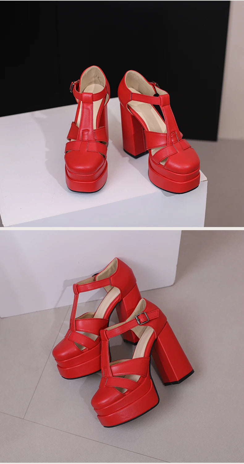 Plus‑Size Women Platform T‑Strap Sandals – Super High Thick Heel Fashion Sandals with Side Cutouts